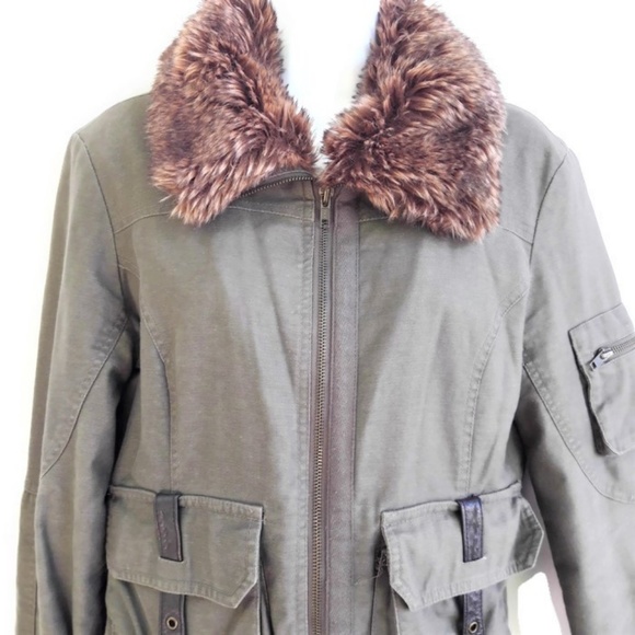 Vila Jacket DK Denmark Cargo Safari Leather Removable Fur Collar Quilt Lined S - Picture 1 of 8